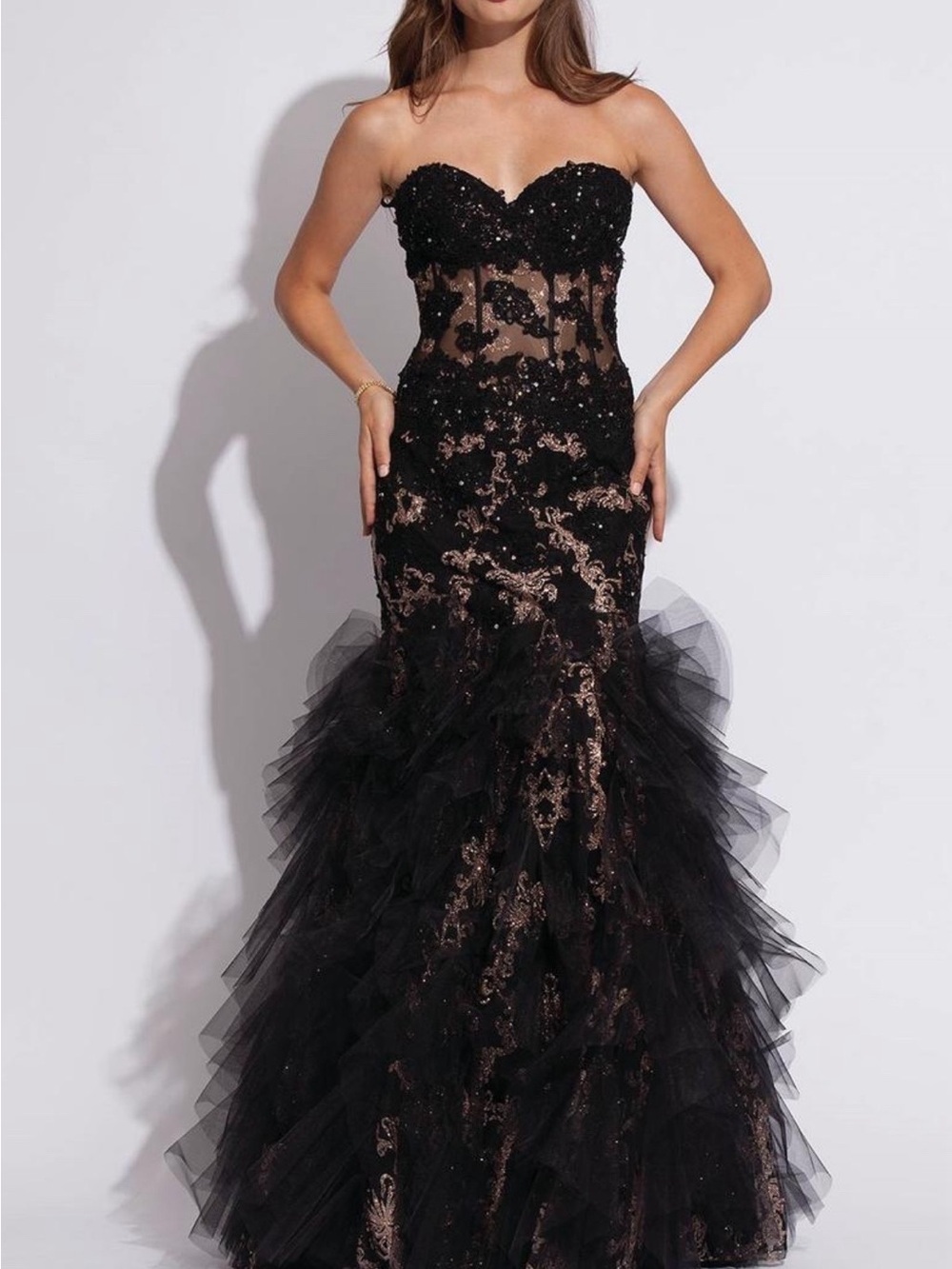 Jovani Black Cutout  Lace Appliqué Mermaid Prom Gown with Nude Underlay size 0